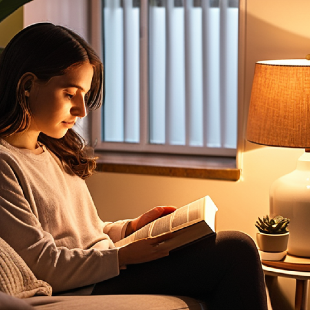 A cozy living room scene at sunset. A woman is curled up on a comfortable armchair, reading a physical book by the warm light of a floor lamp. Her phone is visibly placed face down on a nearby side table. Soft, inviting colors dominate the room, with hints of houseplants visible in the background. Focus on creating a sense of peace and tranquility, conveying the feeling of escaping digital distractions and embracing analog pleasures.