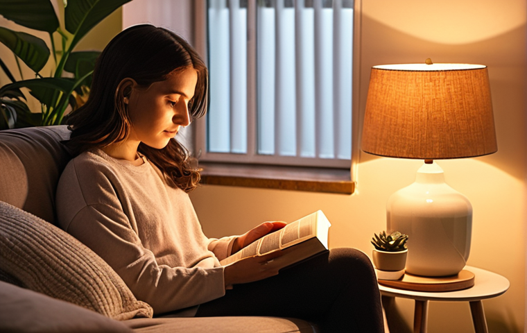 A cozy living room scene at sunset. A woman is curled up on a comfortable armchair, reading a physical book by the warm light of a floor lamp. Her phone is visibly placed face down on a nearby side table. Soft, inviting colors dominate the room, with hints of houseplants visible in the background. Focus on creating a sense of peace and tranquility, conveying the feeling of escaping digital distractions and embracing analog pleasures.