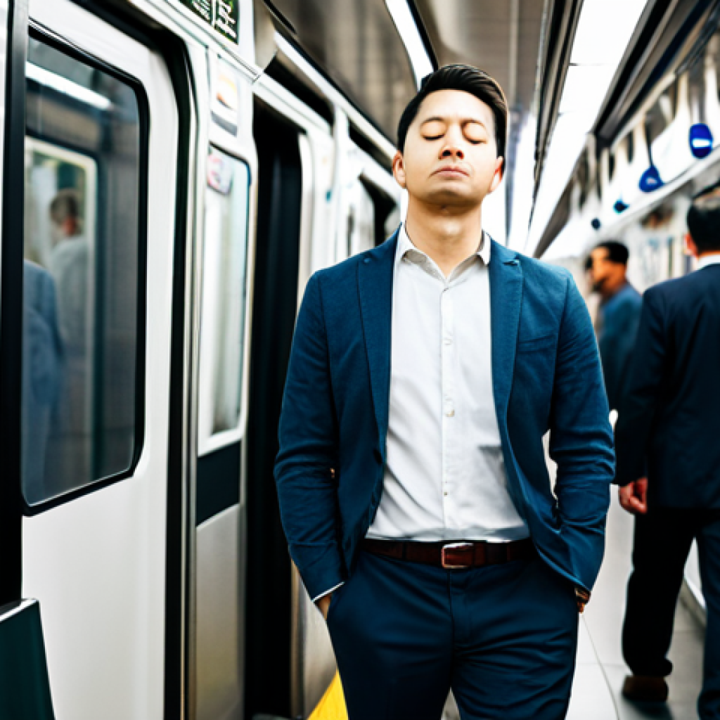 A professional man in a modest business casual shirt and trousers, standing calmly on a modern subway train during commute hours. He is fully clothed in appropriate attire, eyes gently closed, taking a mindful breath, illustrating finding a pocket of peace amidst daily chaos. The background shows blurred city lights and other passengers, respecting personal space. perfect anatomy, correct proportions, natural pose, well-formed hands, proper finger count, natural body proportions, professional photography, high quality, safe for work, appropriate content, fully clothed, modest, family-friendly.