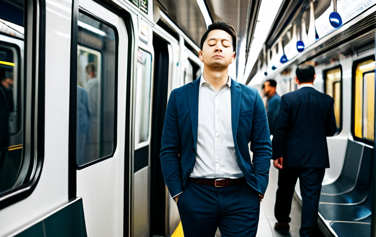 A professional man in a modest business casual shirt and trousers, standing calmly on a modern subway train during commute hours. He is fully clothed in appropriate attire, eyes gently closed, taking a mindful breath, illustrating finding a pocket of peace amidst daily chaos. The background shows blurred city lights and other passengers, respecting personal space. perfect anatomy, correct proportions, natural pose, well-formed hands, proper finger count, natural body proportions, professional photography, high quality, safe for work, appropriate content, fully clothed, modest, family-friendly.