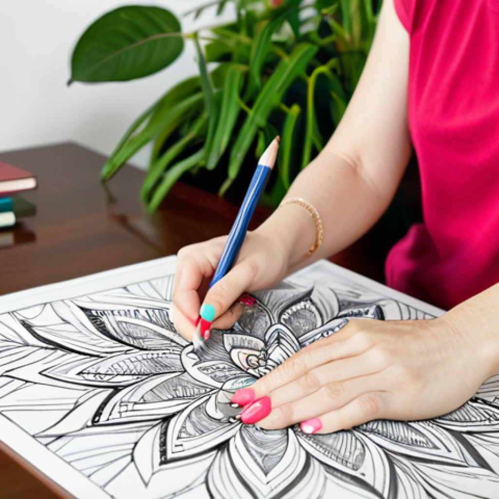 Mindful Coloring**

A woman, fully clothed in comfortable attire, sits at a bright desk, mindfully coloring an intricate mandala pattern in an adult coloring book. She's using colored pencils. Soft, natural lighting. Background: A calming, organized living room with plants. Safe for work, appropriate content, professional, modest, perfect anatomy, correct proportions, well-formed hands, proper finger count, natural body proportions, fully clothed, family-friendly.

**