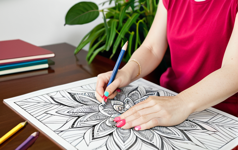 Mindful Coloring**

A woman, fully clothed in comfortable attire, sits at a bright desk, mindfully coloring an intricate mandala pattern in an adult coloring book. She's using colored pencils. Soft, natural lighting. Background: A calming, organized living room with plants. Safe for work, appropriate content, professional, modest, perfect anatomy, correct proportions, well-formed hands, proper finger count, natural body proportions, fully clothed, family-friendly.

**