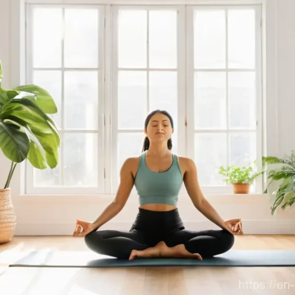 스트레스 해소를 위한 일상 루틴 - **Mindful Morning Yoga:** A young adult (mid-20s, gender-neutral) practices gentle yoga poses on a m...