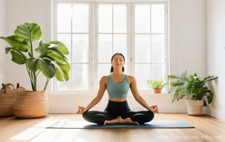 스트레스 해소를 위한 일상 루틴 - **Mindful Morning Yoga:** A young adult (mid-20s, gender-neutral) practices gentle yoga poses on a m...