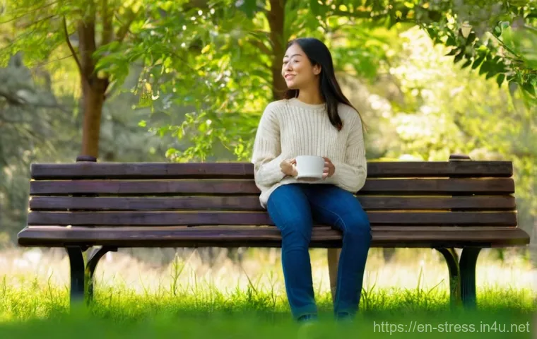 스트레스 해소법  일상에서 실천할 수 있는 팁 - **Prompt: Mindful Moment in Nature**
    "A serene young adult, gender-neutral, with a peaceful expr...