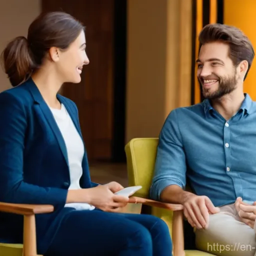 스트레스 해소법  스트레스를 줄이는 의사소통 - **Prompt:** A serene and warmly lit indoor setting. Two adults, one male and one female, are seated ...