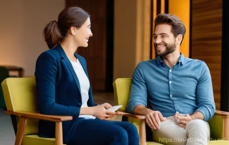 스트레스 해소법  스트레스를 줄이는 의사소통 - **Prompt:** A serene and warmly lit indoor setting. Two adults, one male and one female, are seated ...