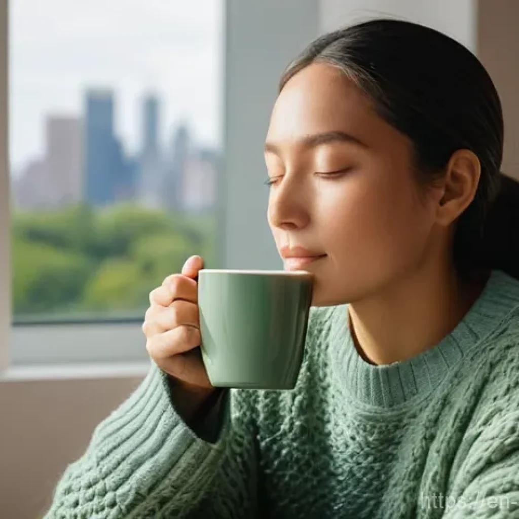 스트레스 해소를 위한 사소한 행복 찾기 - **Mindful Morning Serenity:** A person, gender-neutral, in their late 20s to early 30s, dressed in c...