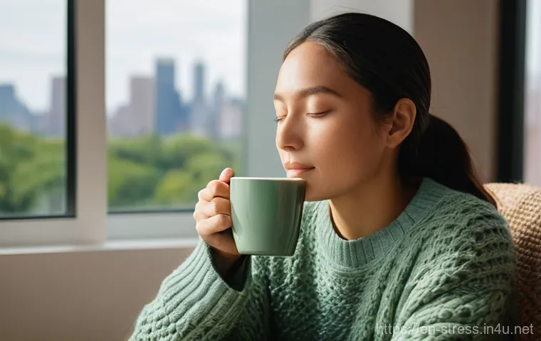 스트레스 해소를 위한 사소한 행복 찾기 - **Mindful Morning Serenity:** A person, gender-neutral, in their late 20s to early 30s, dressed in c...