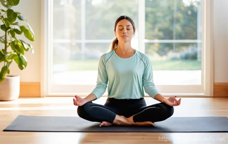 스트레스 해소를 위한 재활 운동 - **Prompt:** A serene, naturally lit living room, minimalist in design, with a large window letting i...