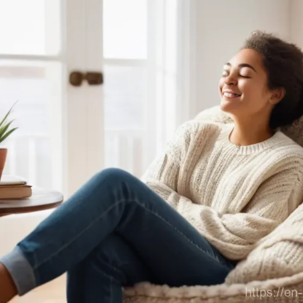 스트레스 해소를 위한 책 읽기 - A serene young woman, in her late 20s, with a gentle smile, is comfortably nestled on a soft, oversi...