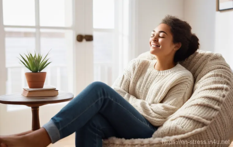 스트레스 해소를 위한 책 읽기 - A serene young woman, in her late 20s, with a gentle smile, is comfortably nestled on a soft, oversi...