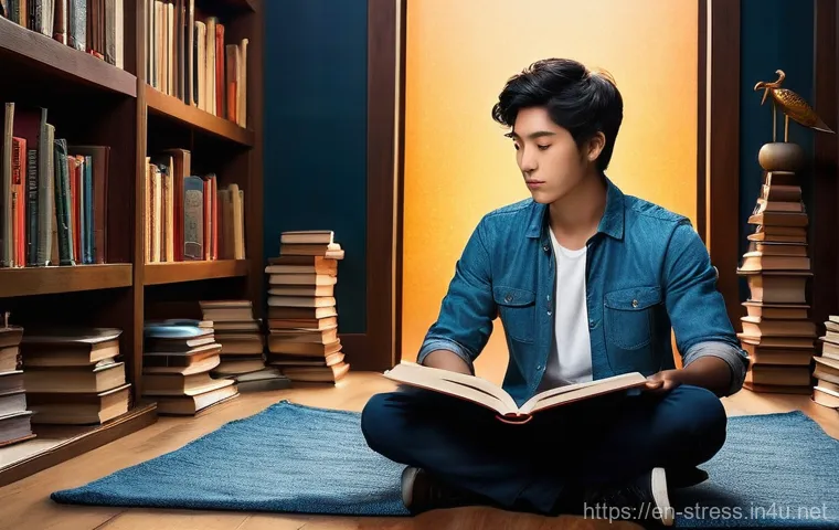 스트레스 해소를 위한 책 읽기 - A serene young woman, in her late 20s, with a gentle smile, is comfortably nestled on a soft, oversi...