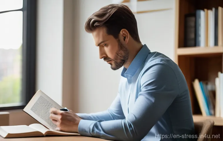 스트레스 해소를 위한 책 읽기 - A diverse individual in their mid-20s, dressed in casual, modest attire such as a soft denim shirt a...