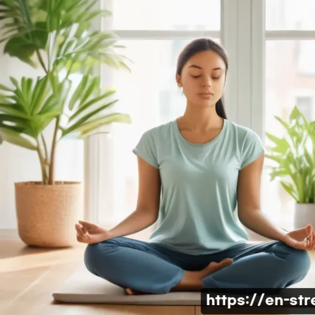 스트레스 해소를 위한 마인드풀니스 - A serene indoor scene of a young adult woman practicing focused attention meditation, sitting cross-...