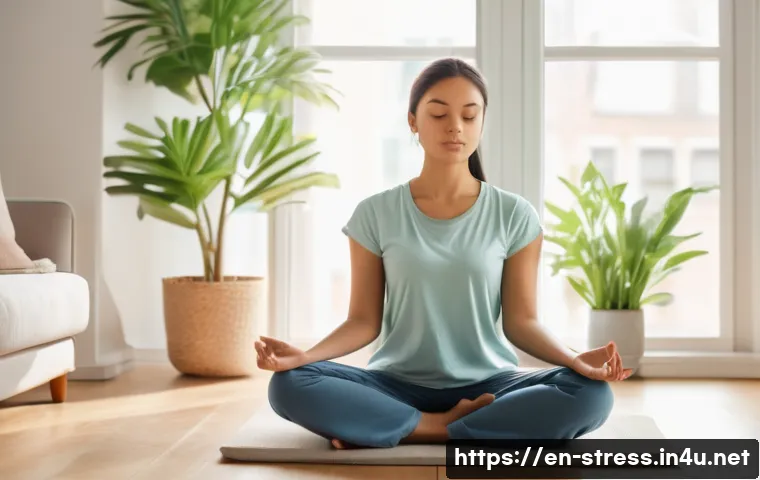 스트레스 해소를 위한 마인드풀니스 - A serene indoor scene of a young adult woman practicing focused attention meditation, sitting cross-...