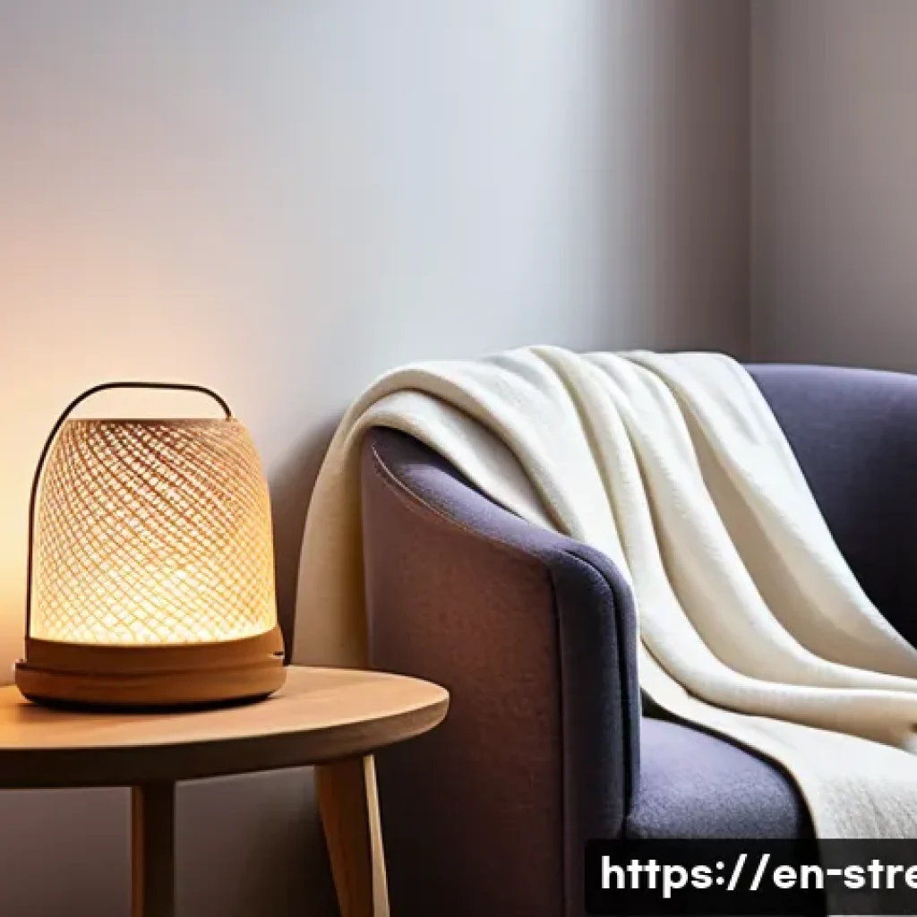 스트레스 해소법  스트레스 해소를 위한 동기 부여 - A serene, softly lit cozy living room corner designed as a personal sanctuary for stress relief, fea...