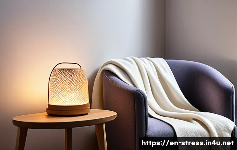 스트레스 해소법  스트레스 해소를 위한 동기 부여 - A serene, softly lit cozy living room corner designed as a personal sanctuary for stress relief, fea...