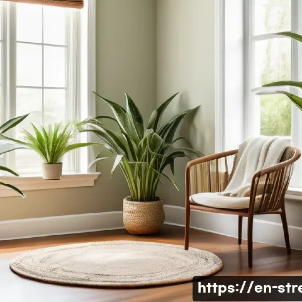 스트레스 해소법  실내 식물 기르기 - A cozy indoor garden corner bathed in soft natural sunlight from a large south-facing window, featur...