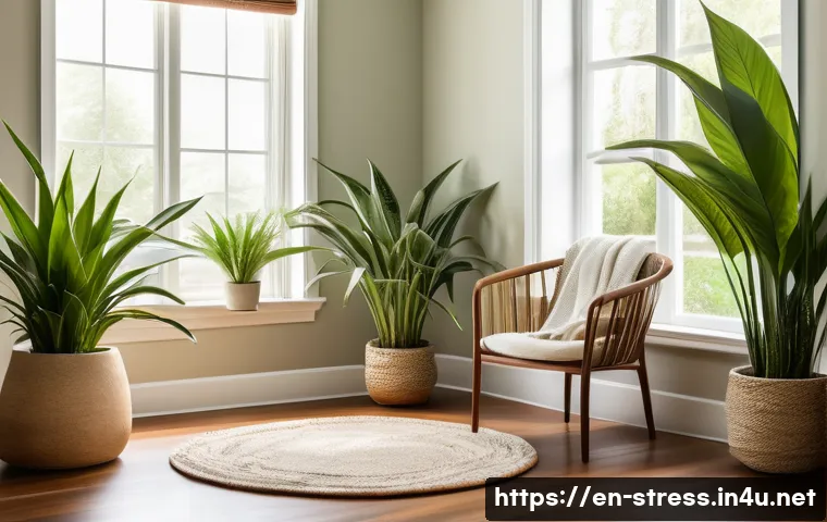 스트레스 해소법  실내 식물 기르기 - A cozy indoor garden corner bathed in soft natural sunlight from a large south-facing window, featur...