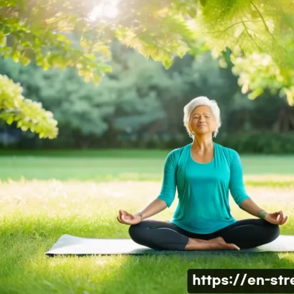 스트레스 해소법  신체와 정신 모두 해소 - A serene outdoor scene depicting a middle-aged woman in comfortable athletic wear practicing gentle ...