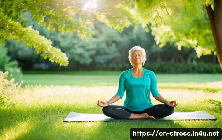 스트레스 해소법  신체와 정신 모두 해소 - A serene outdoor scene depicting a middle-aged woman in comfortable athletic wear practicing gentle ...