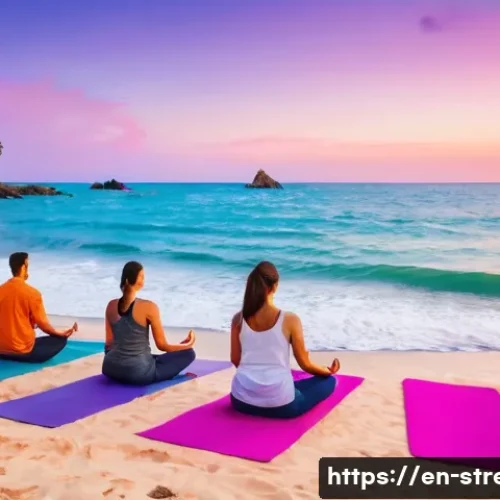 스트레스 해소를 위한 여행지   휴양지 추천 - A serene coastal scene at sunset featuring a secluded beach with soft, untouched sand and gentle oce...