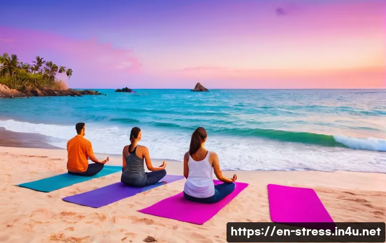 스트레스 해소를 위한 여행지   휴양지 추천 - A serene coastal scene at sunset featuring a secluded beach with soft, untouched sand and gentle oce...