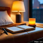 스트레스 해소를 위한 글쓰기 - A cozy, softly lit bedroom scene at night featuring a young adult sitting comfortably on a bed with ...