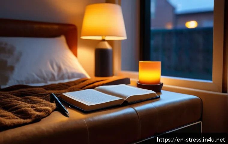 스트레스 해소를 위한 글쓰기 - A cozy, softly lit bedroom scene at night featuring a young adult sitting comfortably on a bed with ...