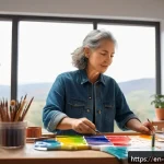 스트레스 해소를 위한 아트 테라피 - A serene artist’s studio scene featuring a diverse adult individual wearing comfortable casual cloth...