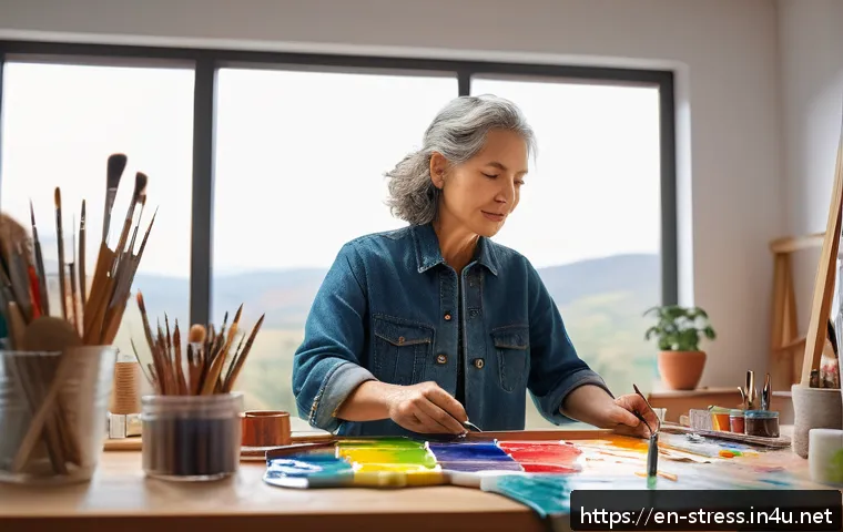 스트레스 해소를 위한 아트 테라피 - A serene artist’s studio scene featuring a diverse adult individual wearing comfortable casual cloth...